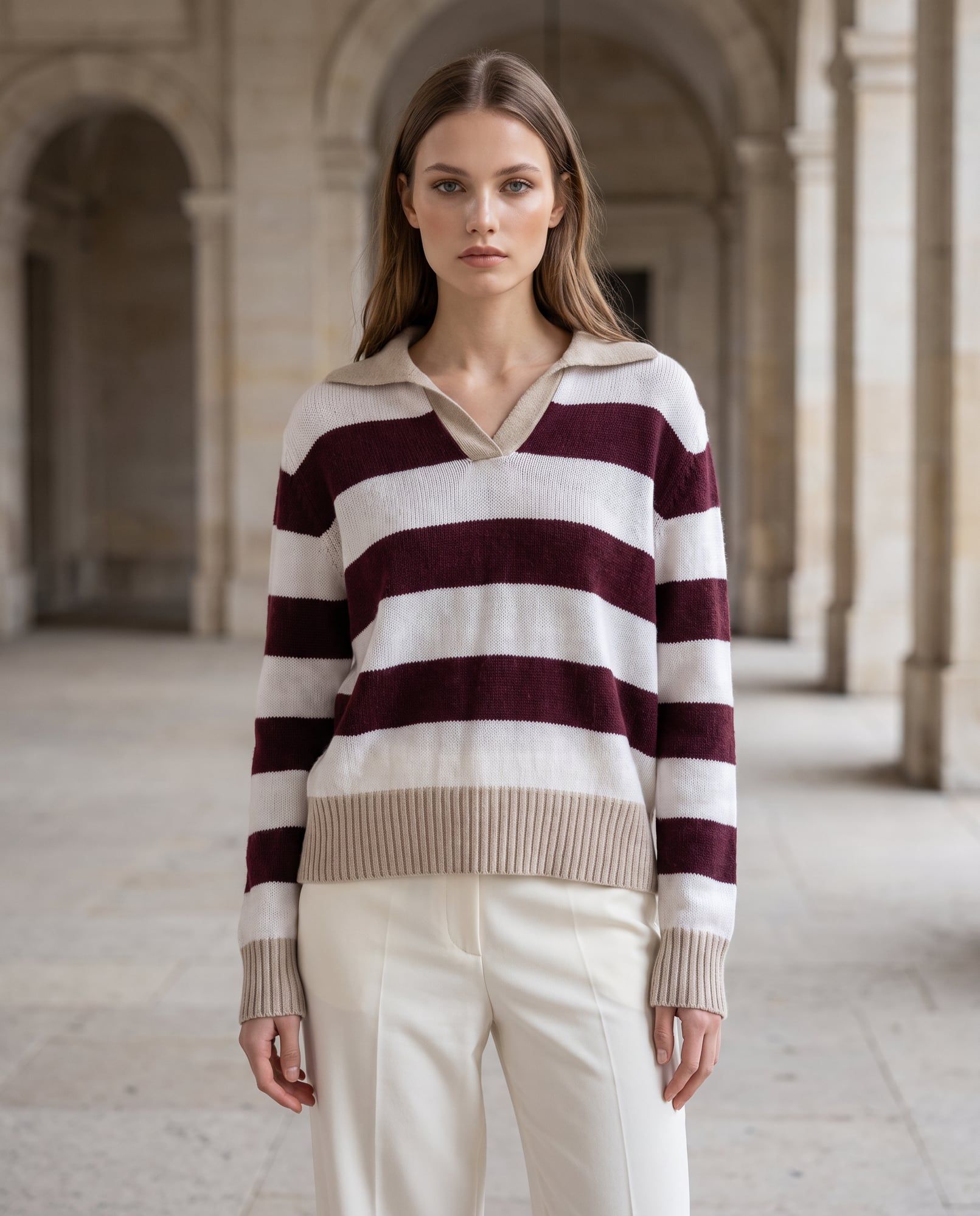 Maglia a righe con collo a polo, bordeaux