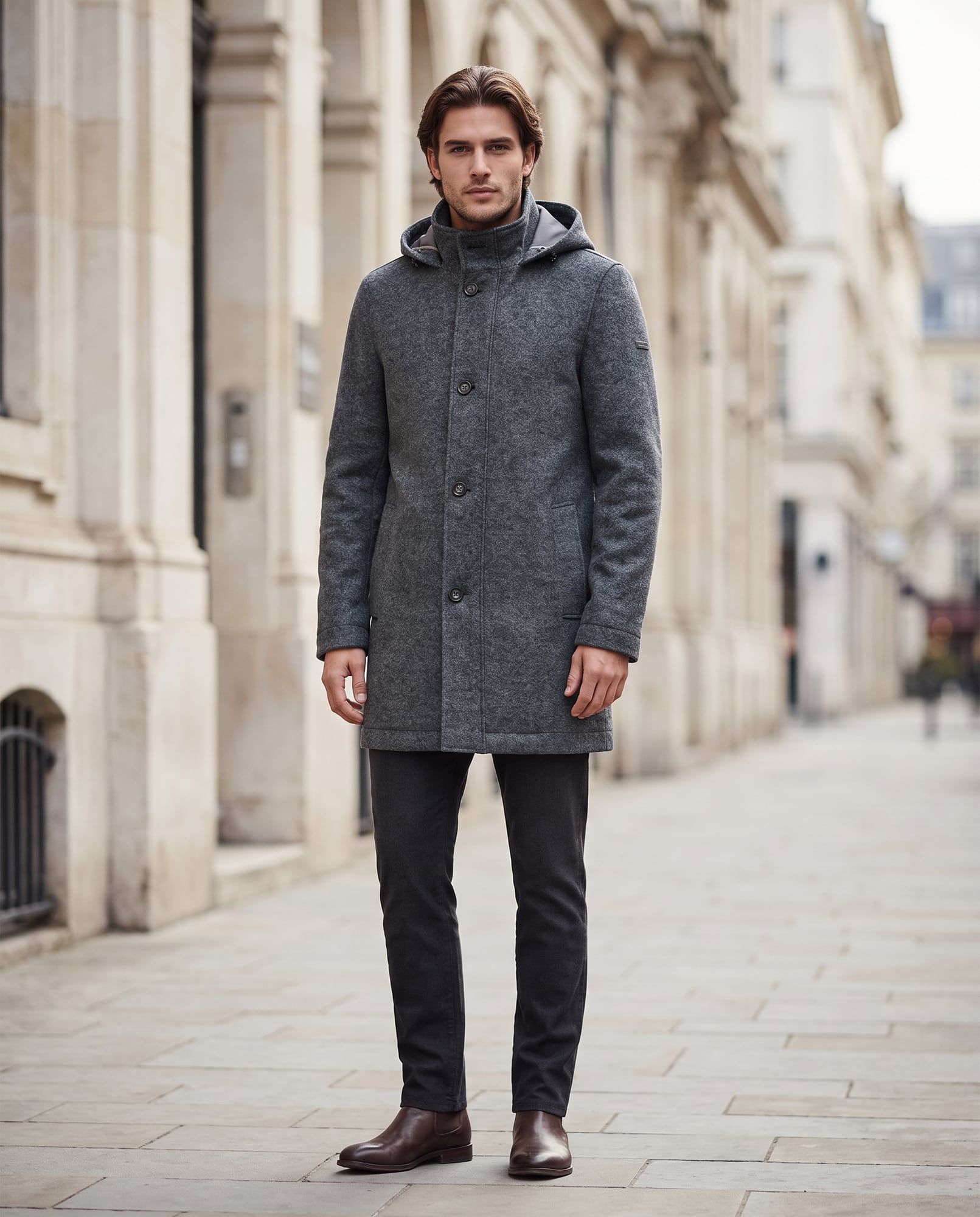 Bristol, Grigio, Cappotto in lana e neoprene