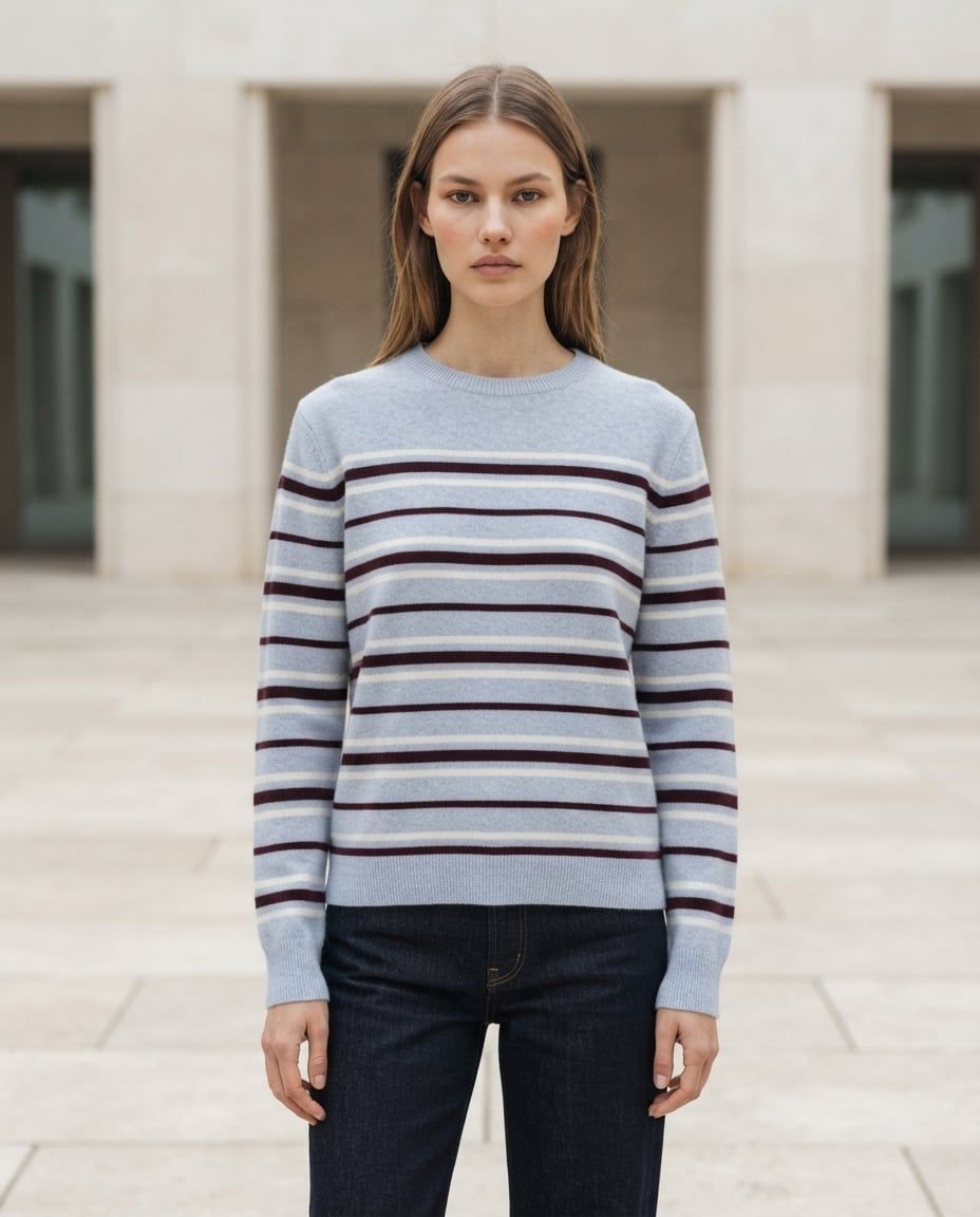 Maglia a righe in lana e cashmere, celeste