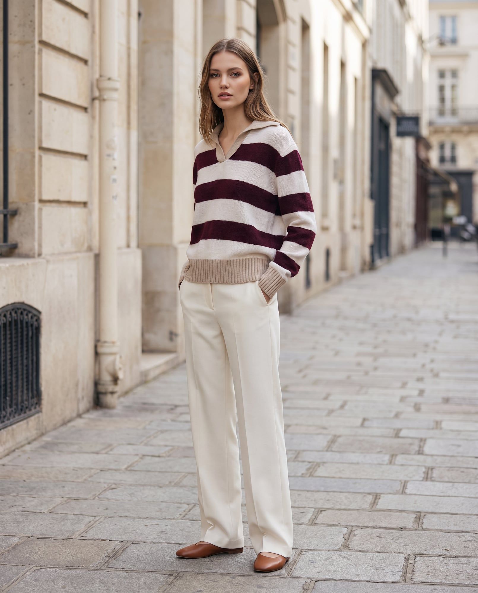 Maglia a righe con collo a polo, bordeaux, foto 2