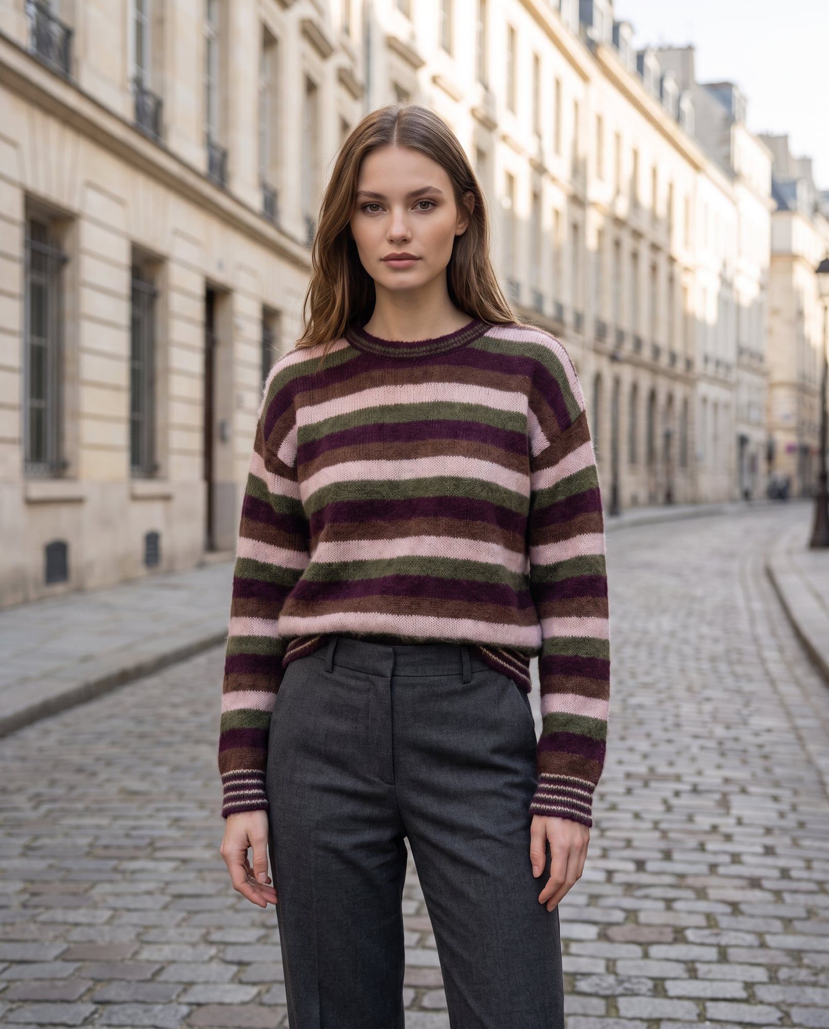 Maglia a Righe Multicolor in Morbida Alpaca, bordeaux