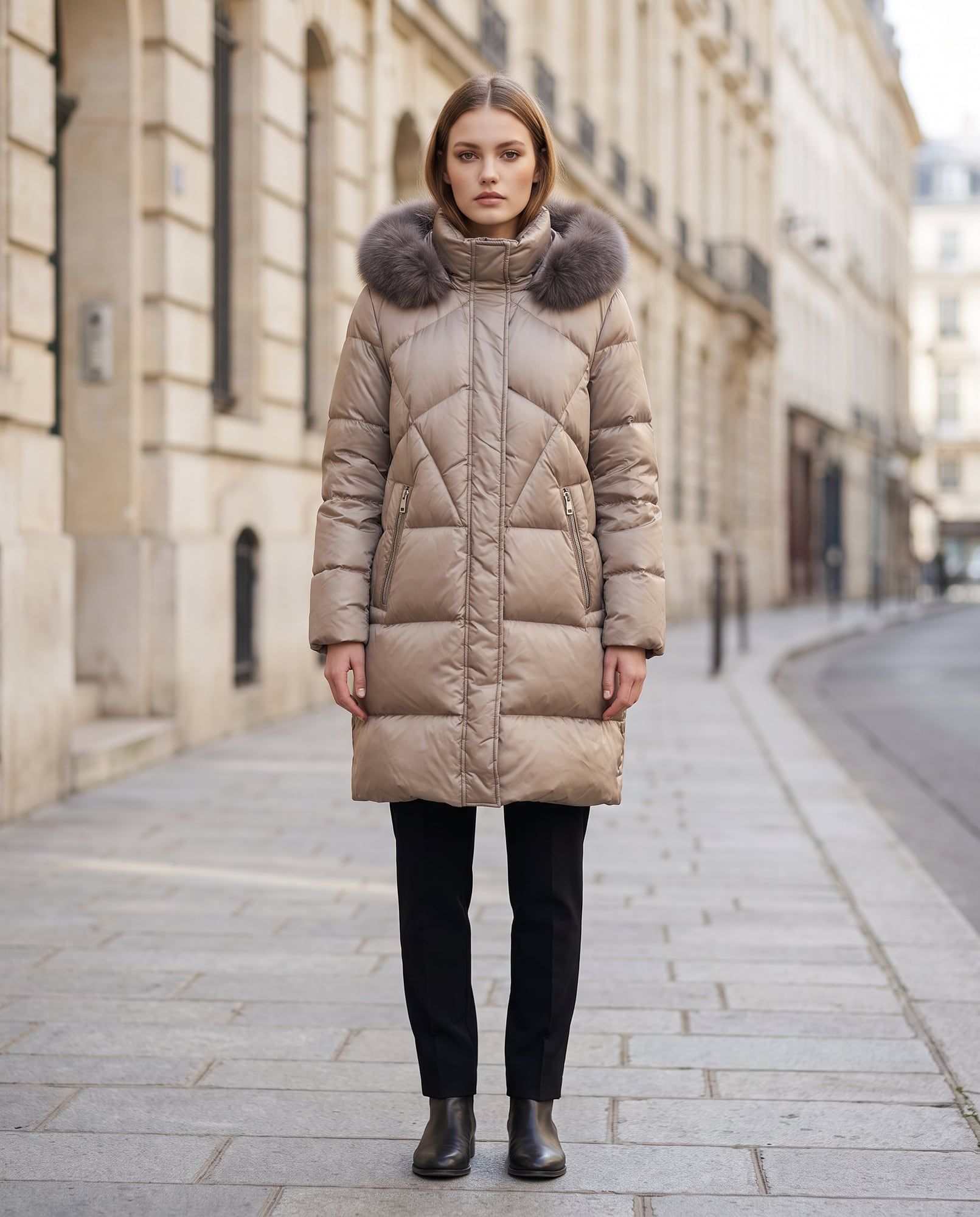 Sheryl, Beige, Piumino lungo con pelliccia