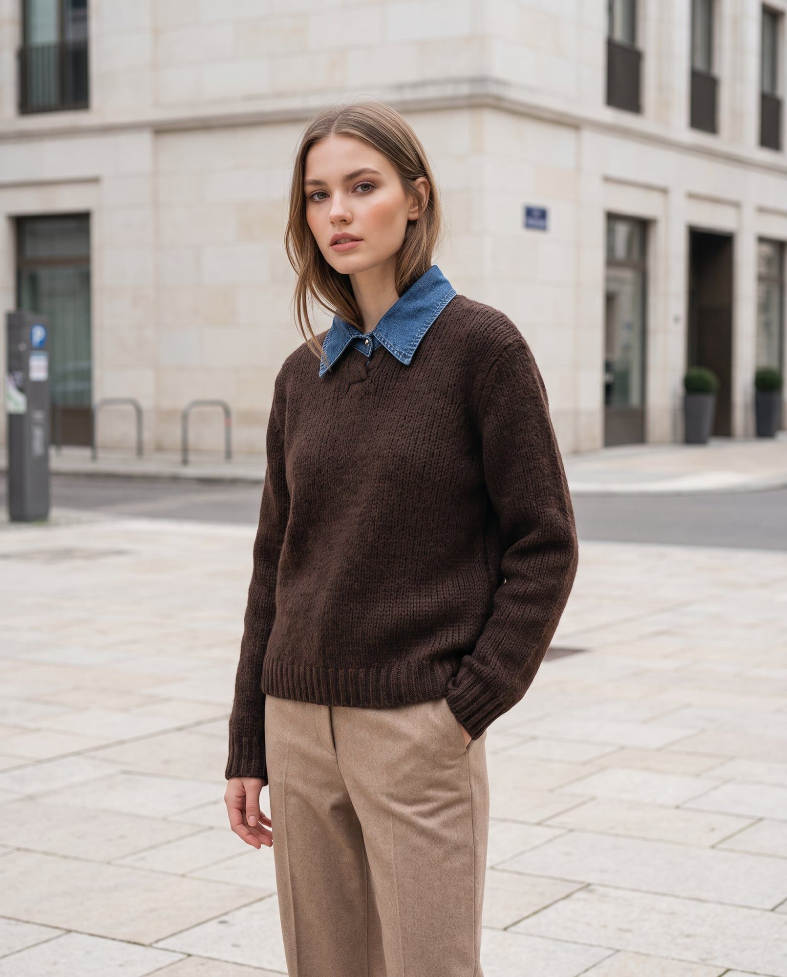 Maglia con colletto in denim — cioccolato, foto 3