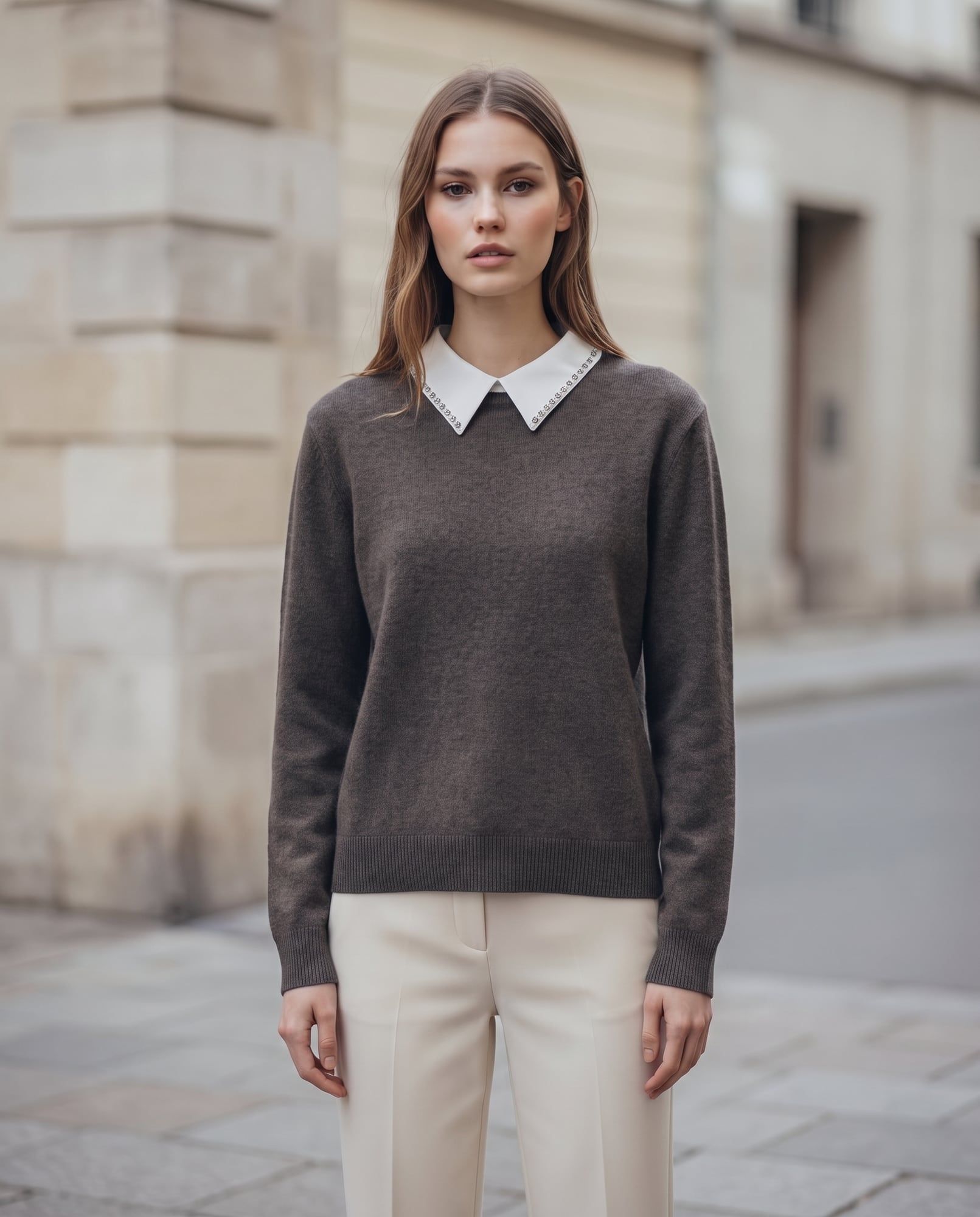 Maglia con colletto gioiello — cioccolato