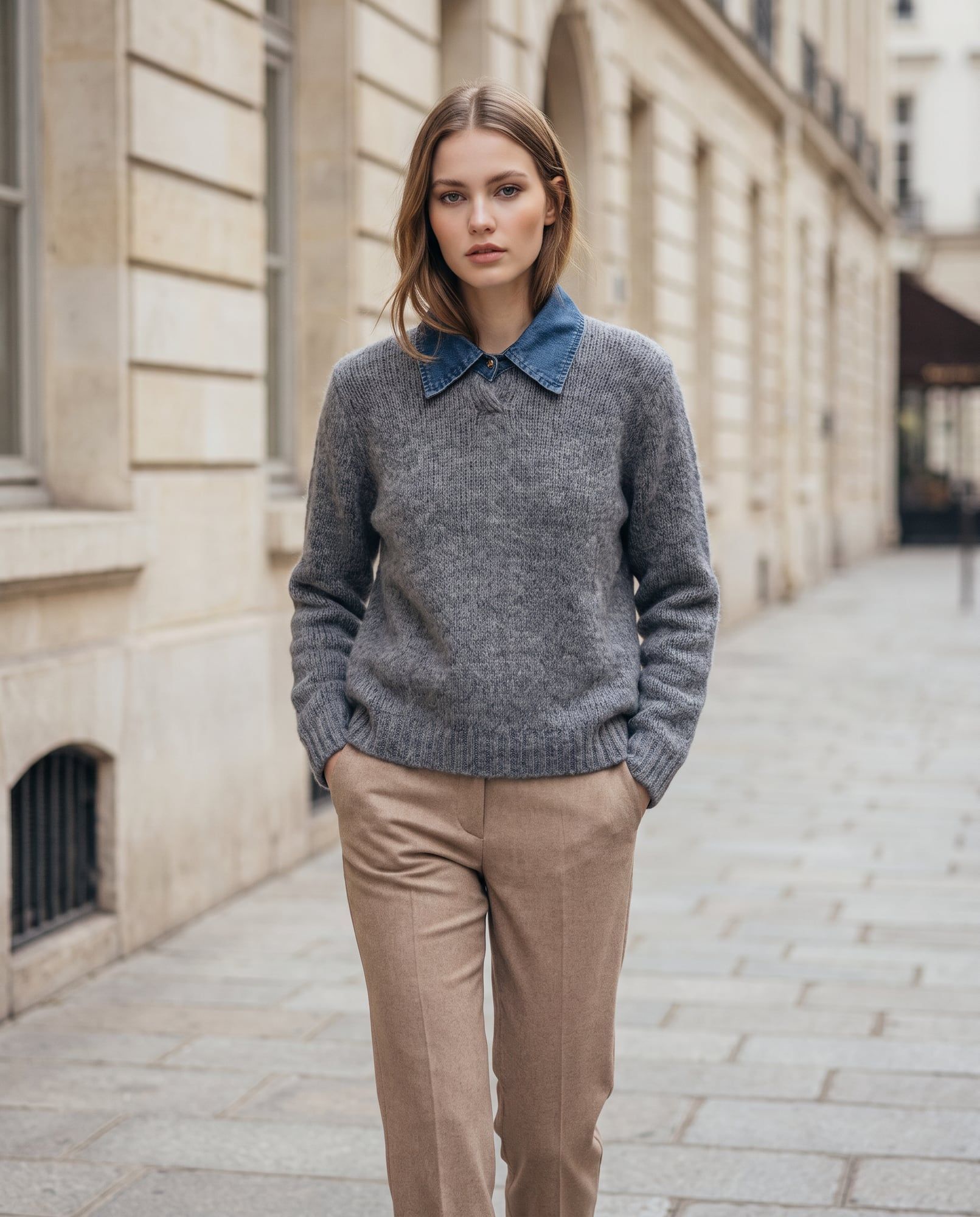 Maglia con colletto in denim, grigio