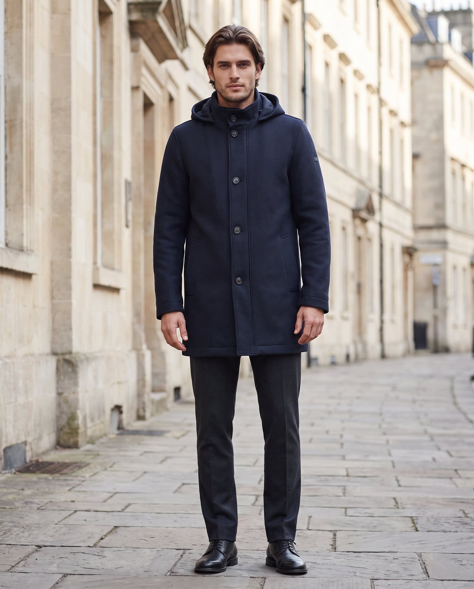 Bristol, Blu, Cappotto in lana e neoprene