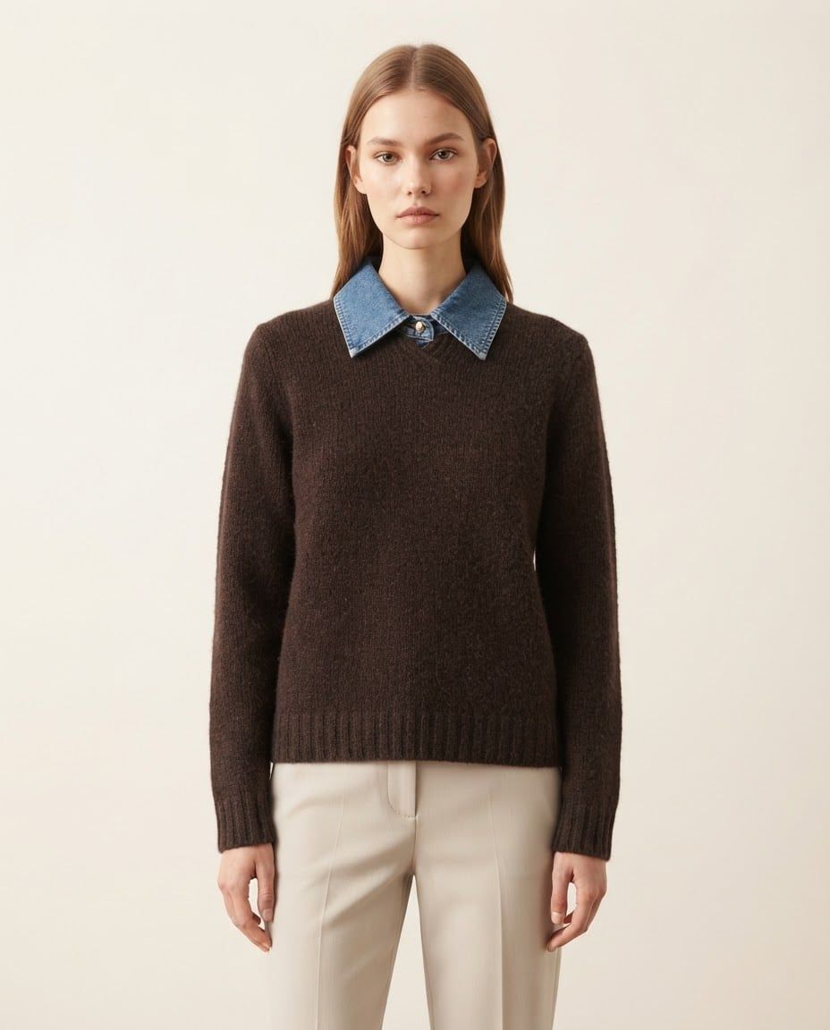 Maglia con colletto in denim — cioccolato