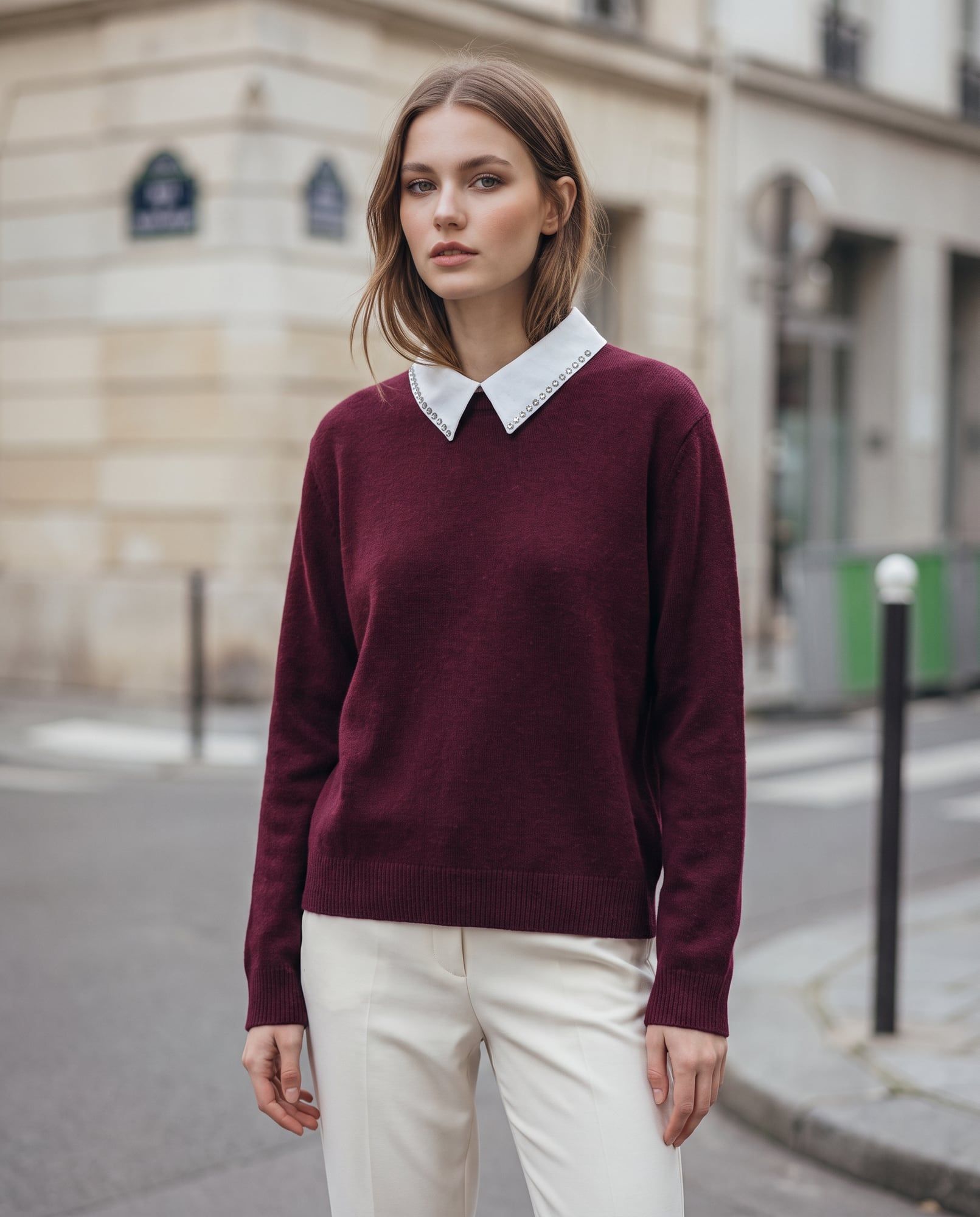 Maglia con colletto gioiello, bordeaux