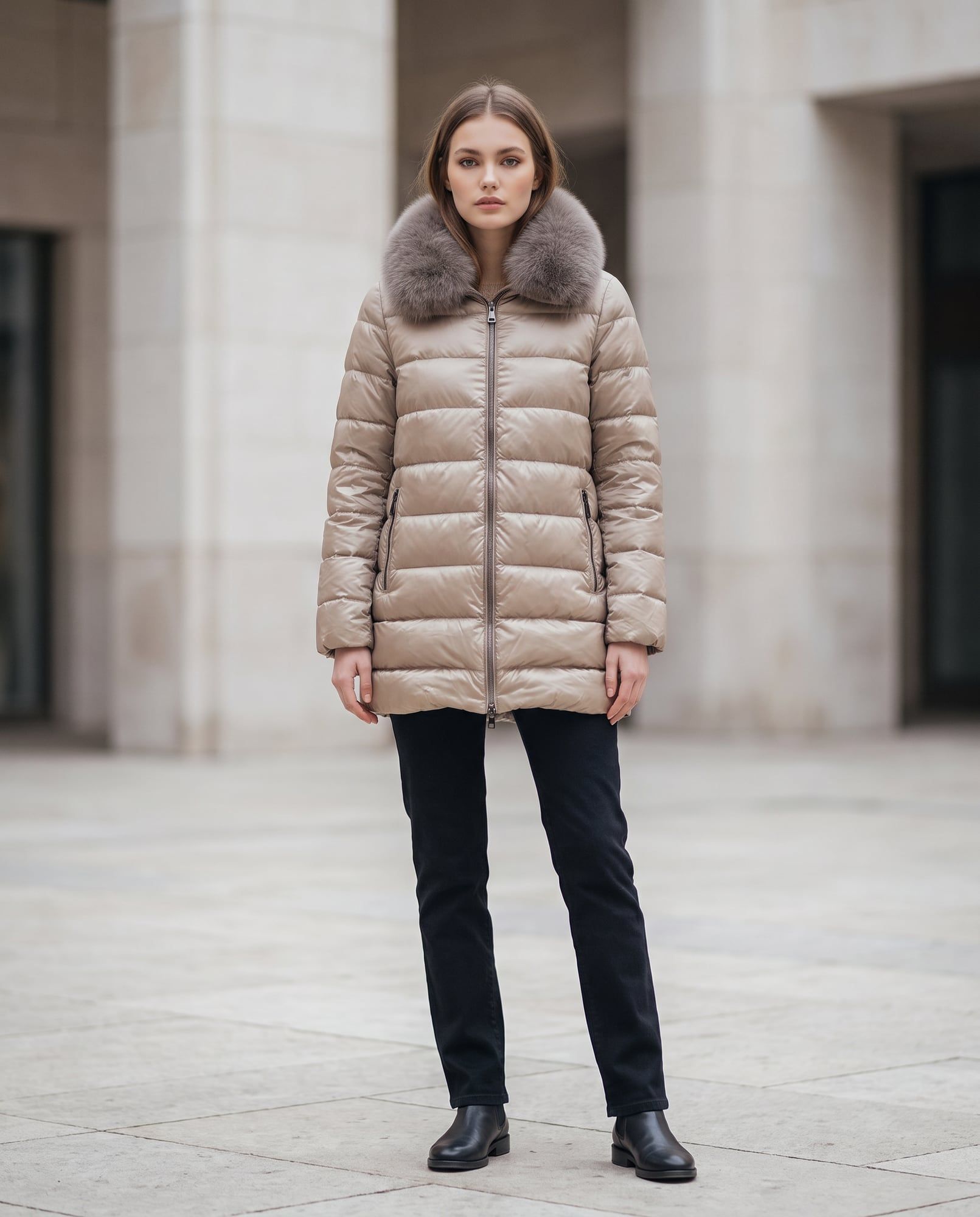Venus, Beige, Piumino con pelliccia
