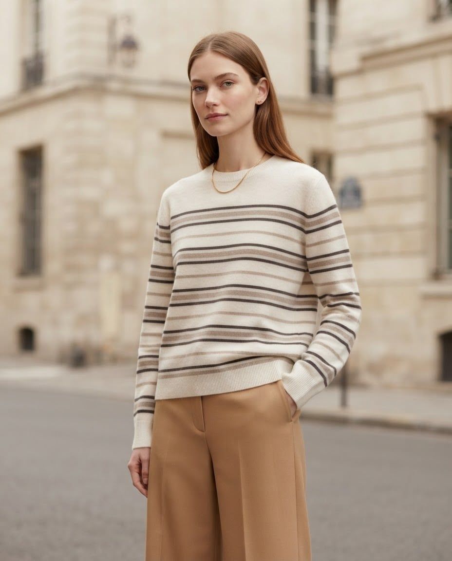 Maglia a righe in lana e cashmere, panna