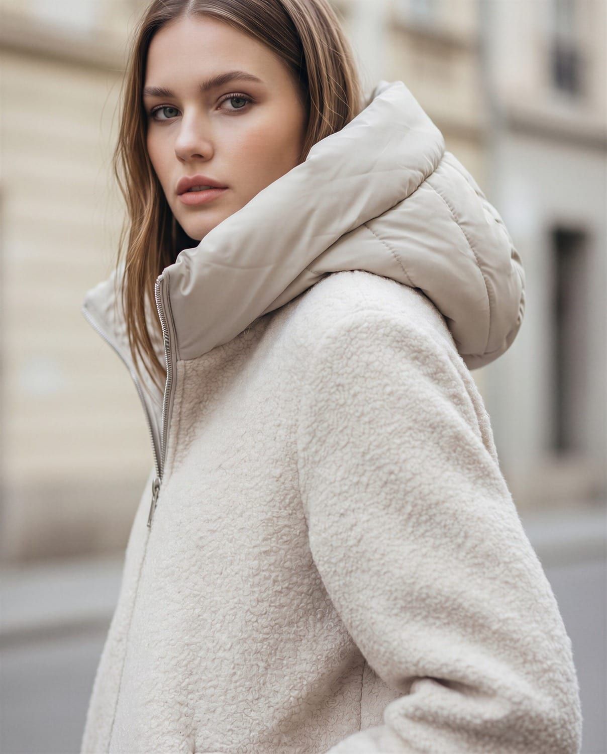 Sienna, Beige, cappotto con pettorina